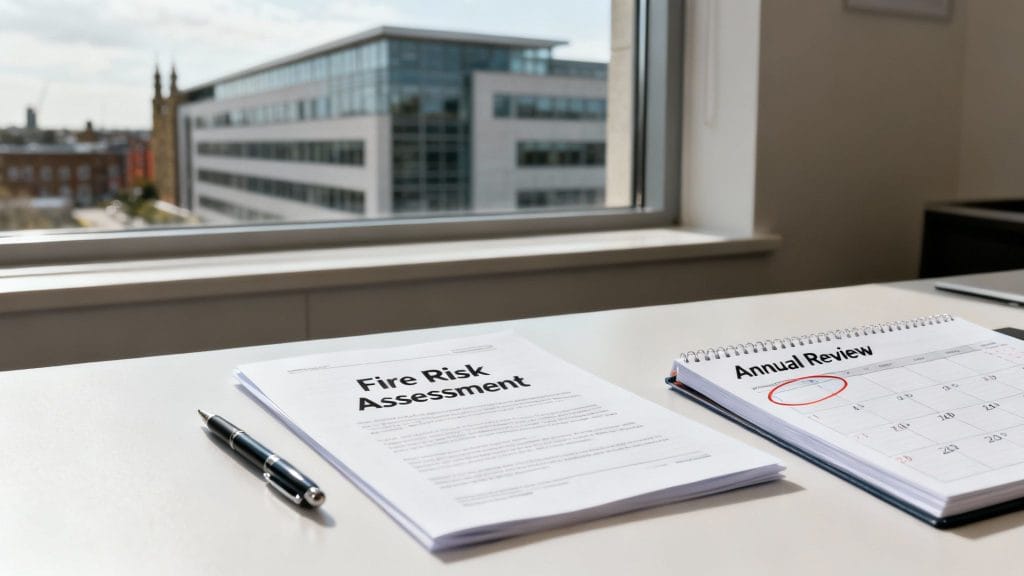 Desk by a window with 'Fire Risk Assessment' document, pen, and 'Annual Review' calendar.