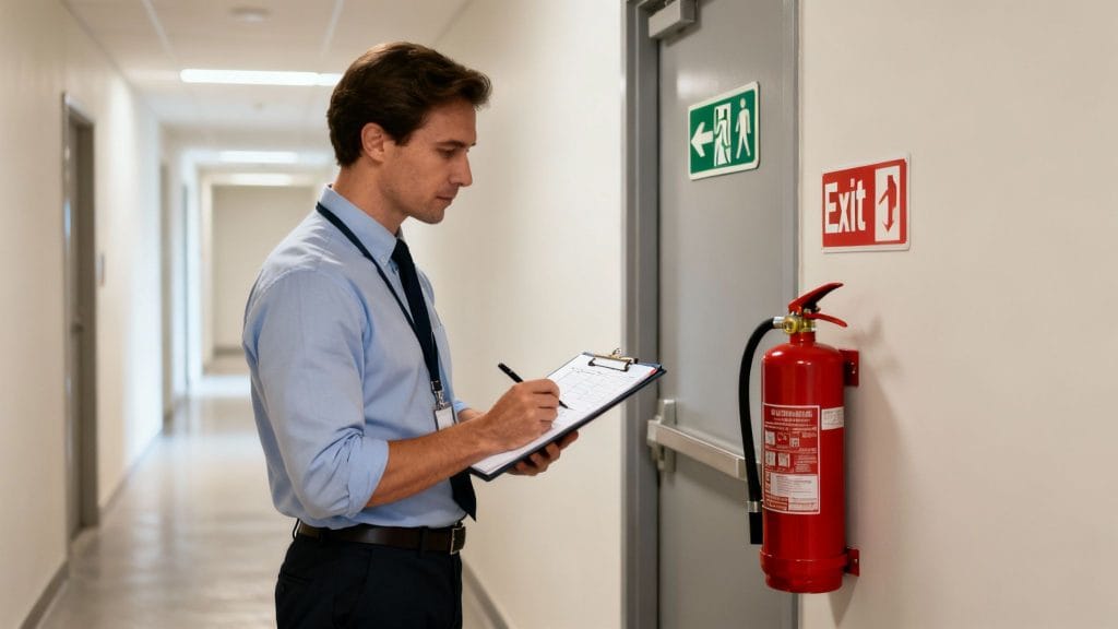A man in a blue shirt inspects a red fire extinguisher and exit signs, writing on a clipboard.