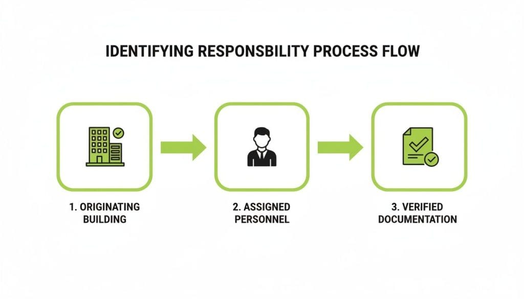 Identifying responsibility process flow showing three steps: originating building, assigned personnel, and verified documentation.