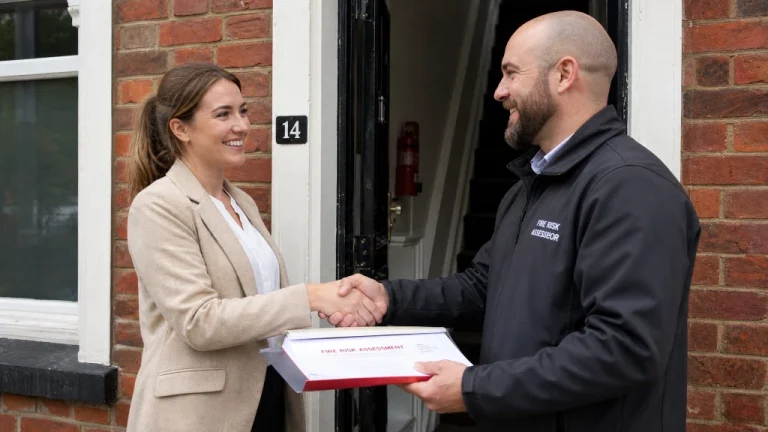 Landlord handing a folder of safety certificates and a fire risk assessment report to an assessor at the front door