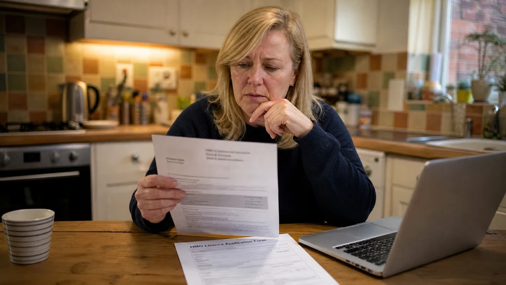 A worried landlord reads a council enforcement letter alongside an HMO licence application form at her kitchen table