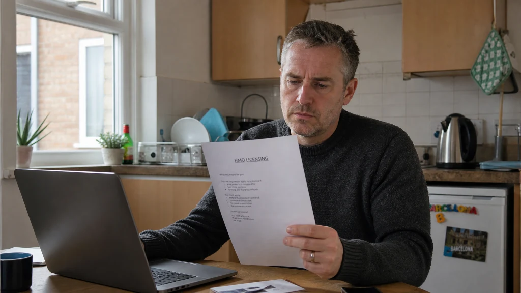 A landlord sitting at a kitchen table in a shared house reading an HMO licensing letter, looking uncertain