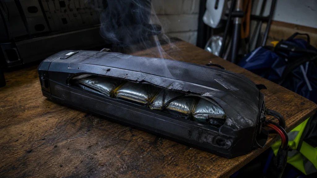 A damaged, swollen lithium-ion e-bike battery pack emitting smoke on a workbench
