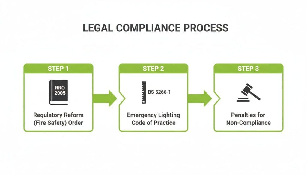 A flowchart illustrating the three-step legal compliance process for emergency lighting systems.