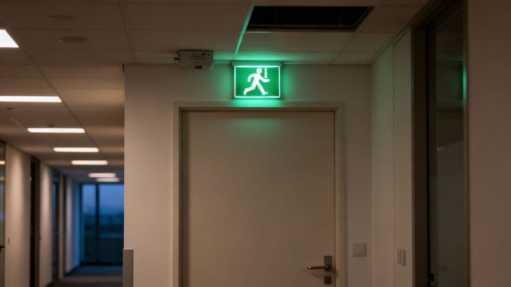 Bright green emergency exit sign illuminates a closed door in an office hallway.