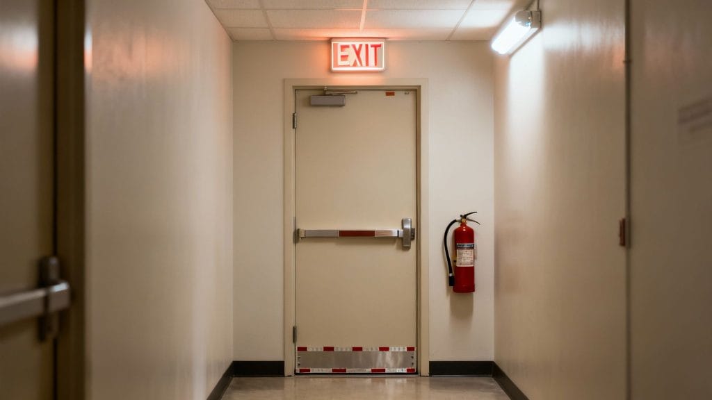 An emergency exit door in a well-lit hallway with an illuminated red EXIT sign and a fire extinguisher.