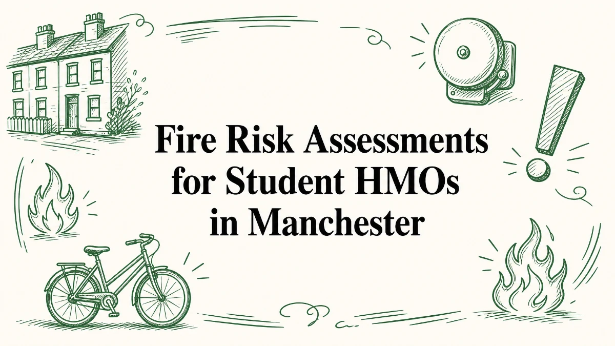 Green line-art illustration for fire risk assessments for student HMOs in Manchester