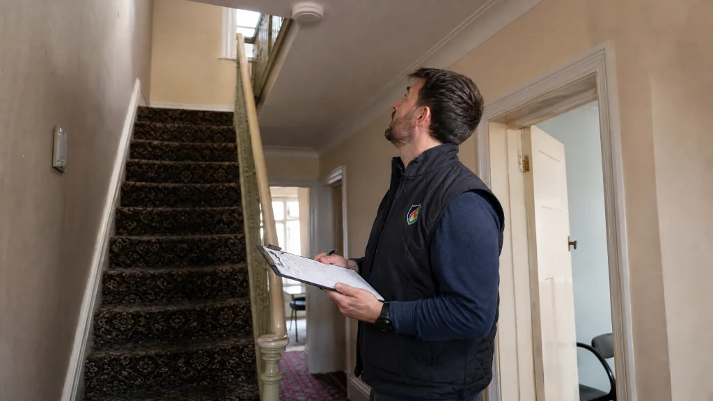 Fire risk assessor inspecting the hallway and staircase of a converted student HMO in Manchester
