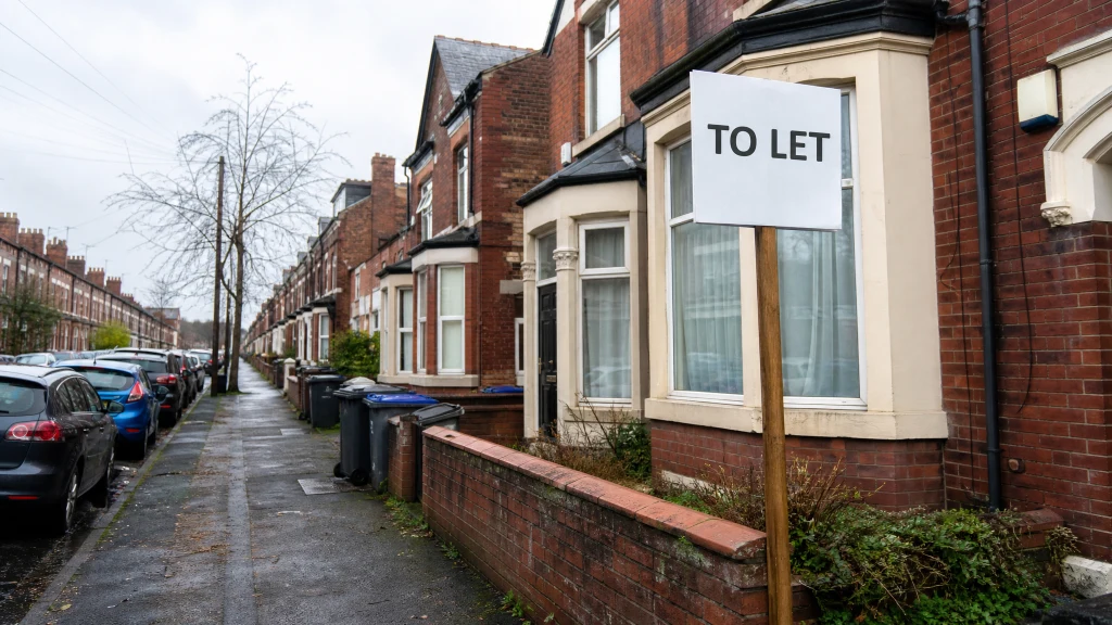 Exterior of a red-brick Victorian terraced house converted into a shared house in a UK city, with a To Let sign outside