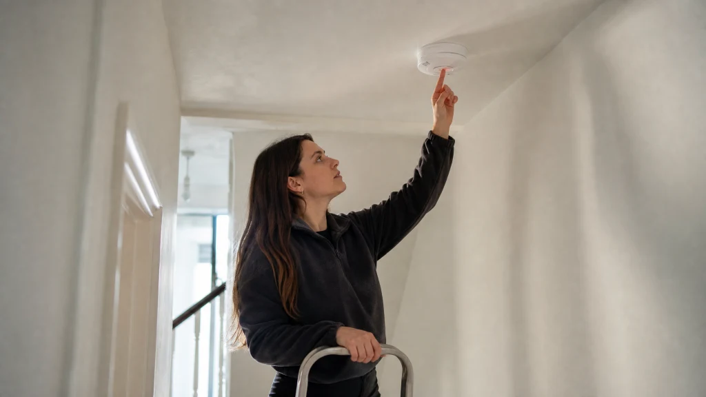 Woman on a step stool testing an interlinked smoke alarm on a landing ceiling in a UK shared house