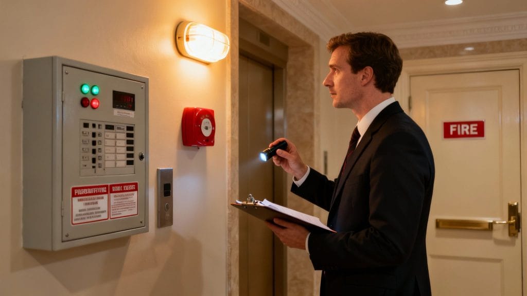 An inspector in a suit uses a flashlight to examine a fire alarm system and pull station.