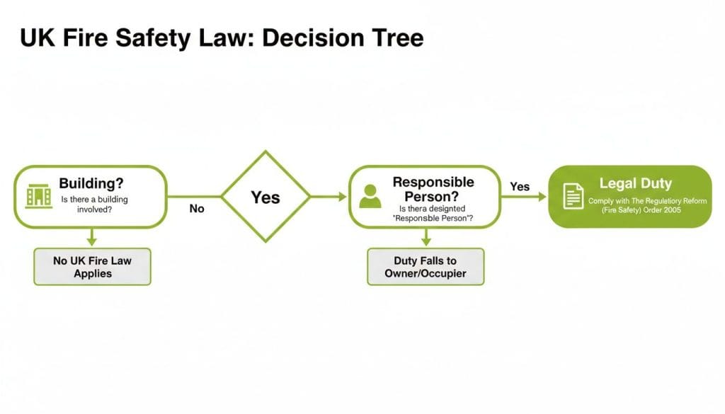 UK Fire Safety Law decision tree flowchart showing legal duties and responsible persons.