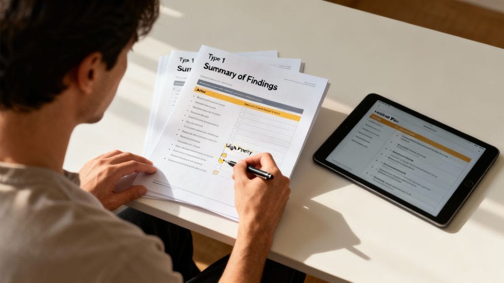 A man reviews a fire risk assessment document, marking a 'High Priority' item, with a tablet displaying a 'Risk Plan'.