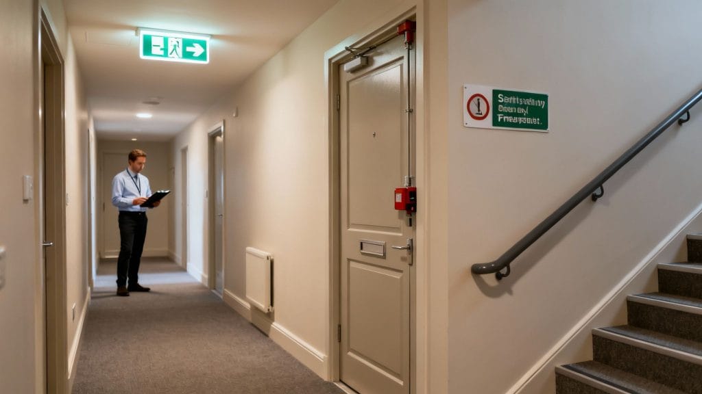 A man reviews a clipboard in a building hallway during a safety inspection, featuring exit signs and fire door.