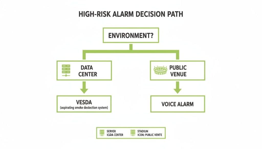 Decision path diagram for high-risk alarms, showing actions for data centers (VESDA) and public venues (voice alarm).