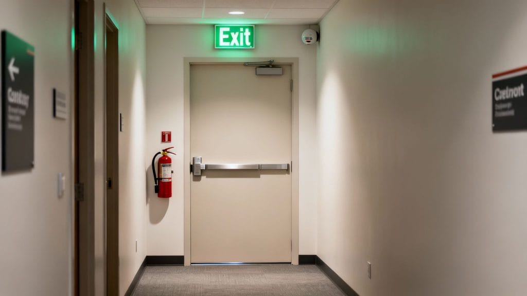 A brightly lit hallway with an emergency exit door, green exit sign, and a red fire extinguisher.