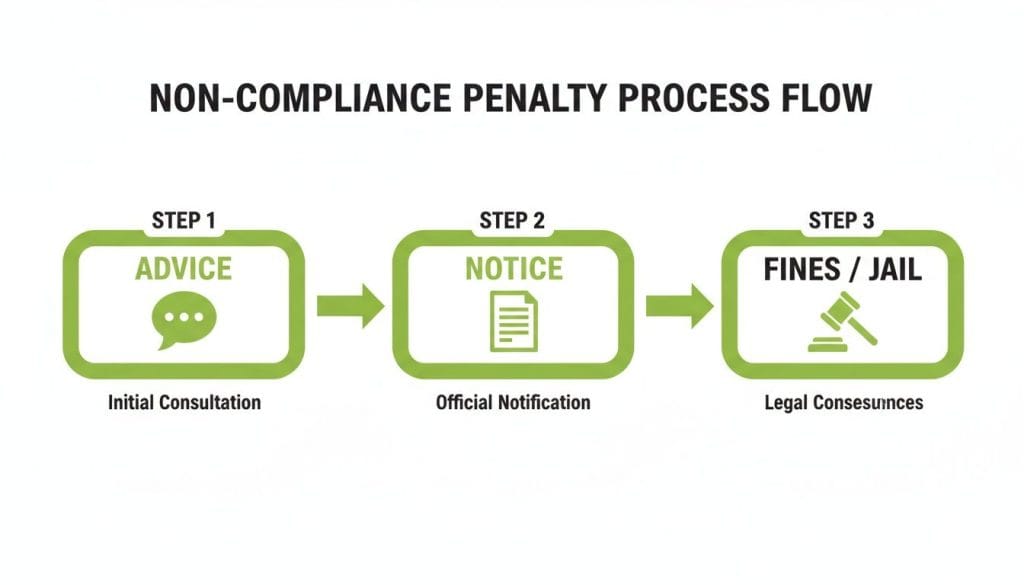 Flowchart illustrating a three-step non-compliance penalty process from initial advice to legal consequences.