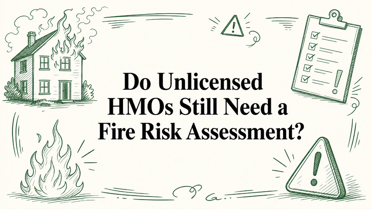 Illustration asking whether unlicensed HMOs still need a fire risk assessment, with hand-drawn green fire safety icons