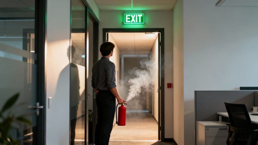 Man holding a smoking fire extinguisher, looking into a smoky office hallway under an exit sign.