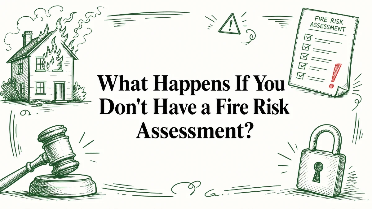 Illustration asking what happens if you don't have a fire risk assessment, showing a house on fire, a fire risk assessment checklist, a gavel and a padlock