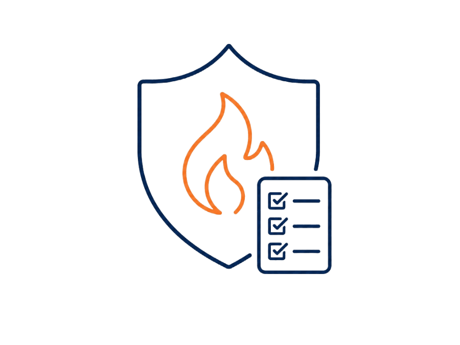 Shield icon with a flame and checklist, representing fire risk protection and compliance