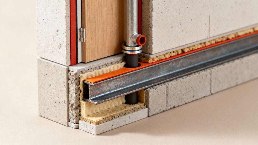 Detailed cross-section of a building wall showing insulation, concrete, steel beam, and piping.