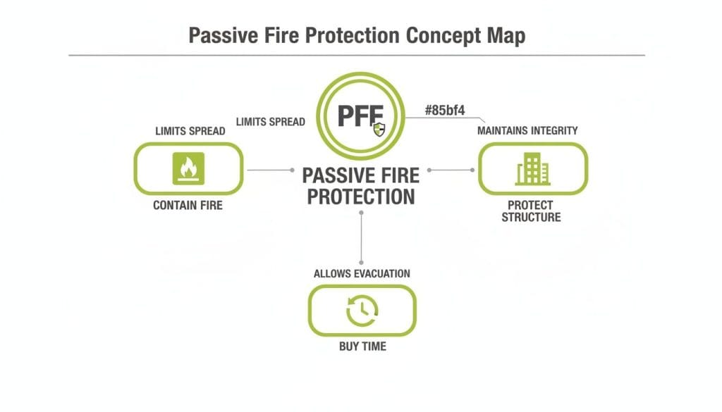 A concept map explains Passive Fire Protection, detailing how it contains fire, protects structures, and allows time for evacuation.