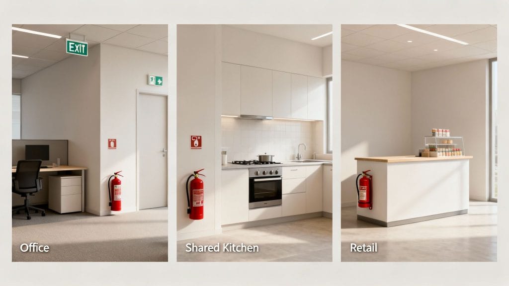 Three commercial settings: office, shared kitchen, and retail, each with a red fire extinguisher and safety signs.