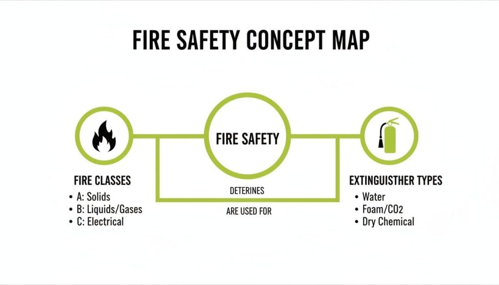 A fire safety concept map illustrates fire classes (solids, liquids, electrical) and corresponding extinguisher types.