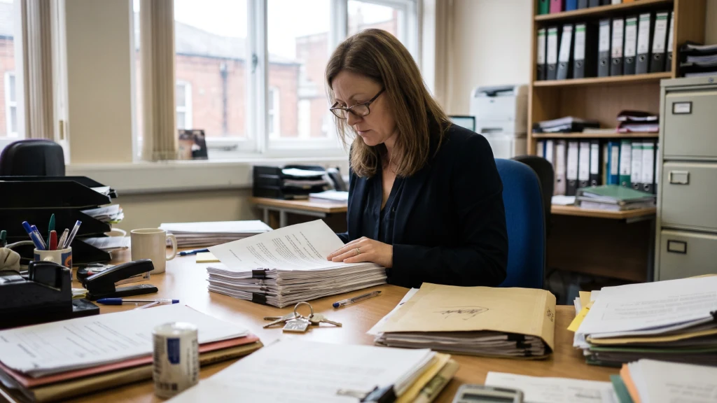 A UK conveyancing solicitor sitting at an office desk reviewing a stack of property documents