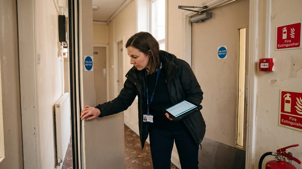 A professional fire risk assessor checking a fire door and self-closing hinge in an HMO hallway with fire safety signage visible