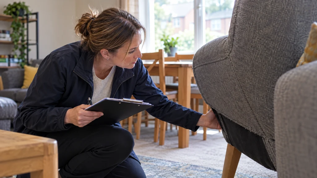 A fire risk assessor inspecting an armchair in a shared HMO lounge during a fire risk assessment