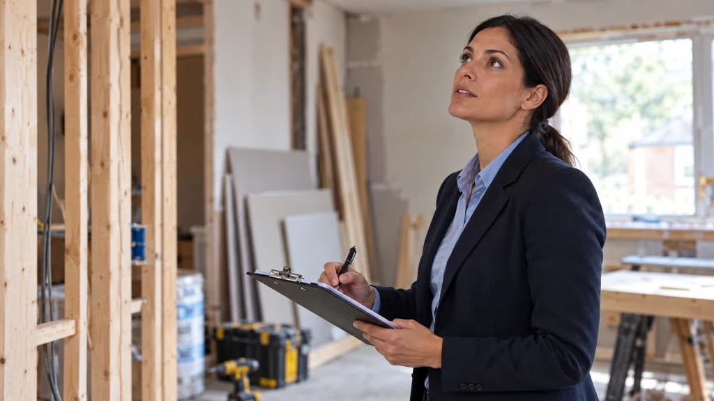 A fire risk assessor with a clipboard inspecting a property during an HMO conversion