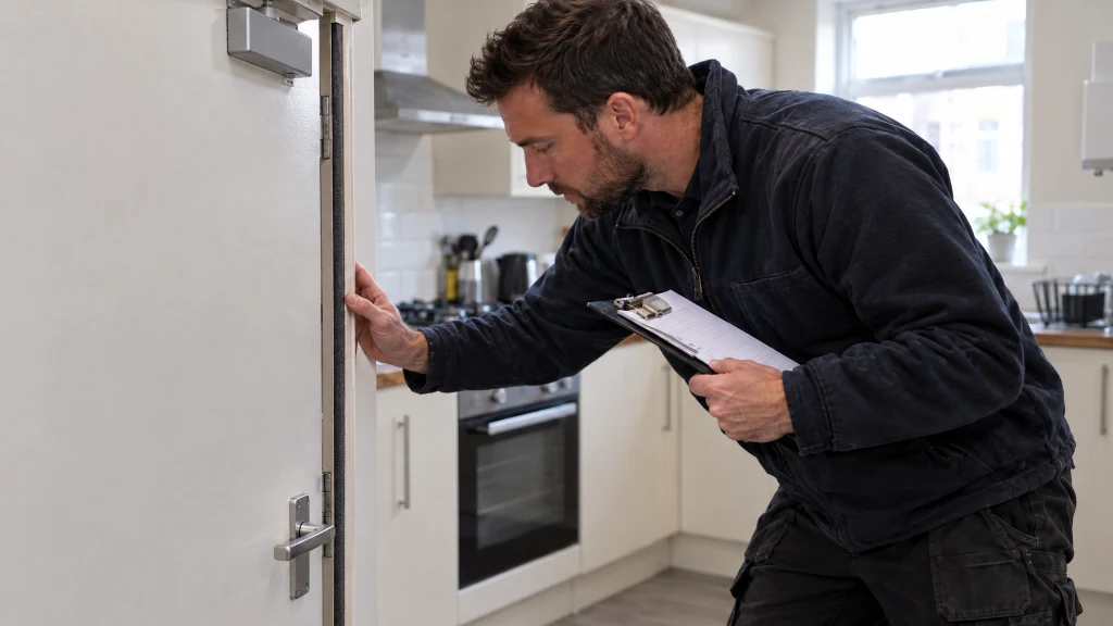 Fire risk assessor inspecting an HMO kitchen fire door seal