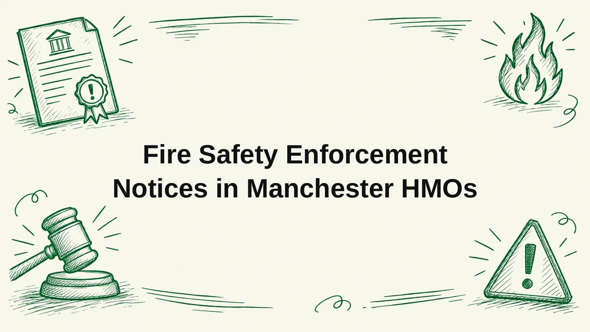 Green hand-drawn line art illustration with the title Fire Safety Enforcement Notices in Manchester HMOs, featuring a legal notice, flame, gavel and warning triangle icons