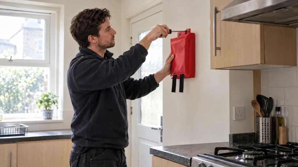 Landlord fitting a fire blanket in an HMO kitchen