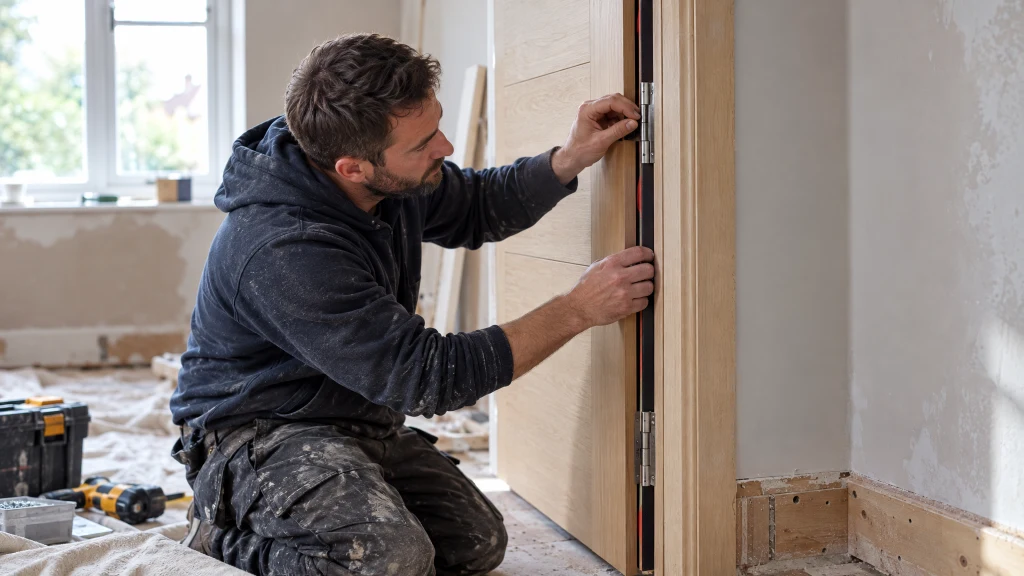 A tradesman fitting a fire-rated internal door with an intumescent seal during a house renovation