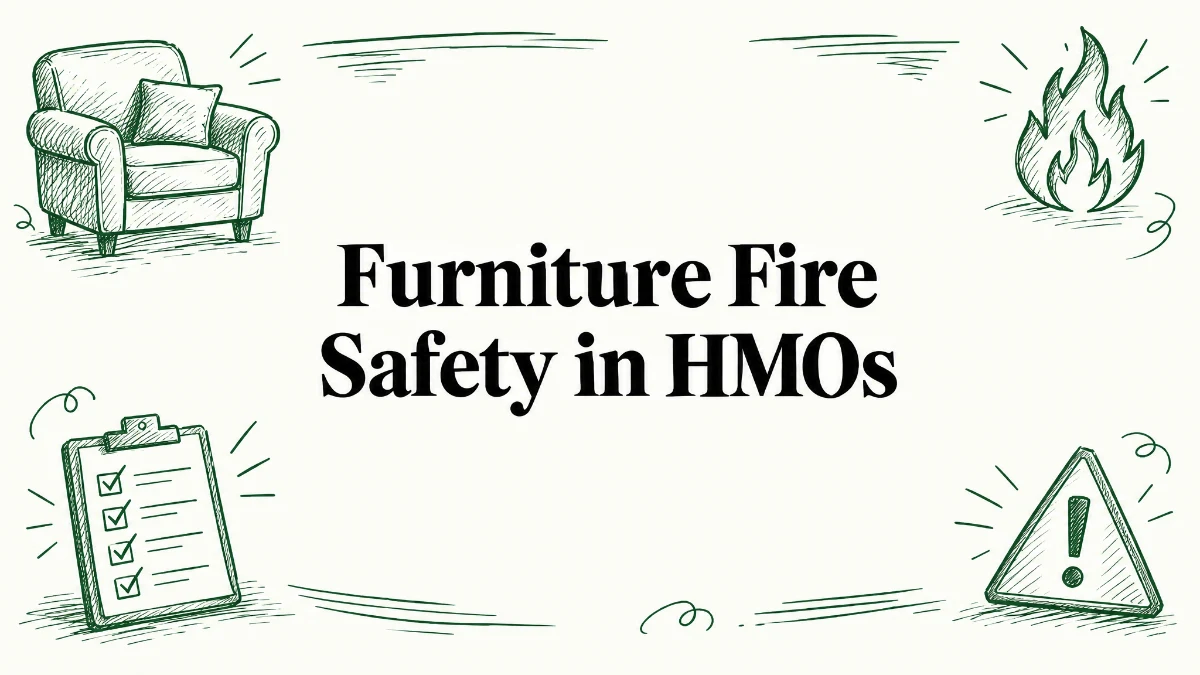 Green hand-drawn line art illustration with the title Furniture Fire Safety in HMOs, featuring a sofa, flame, checklist and warning triangle icons