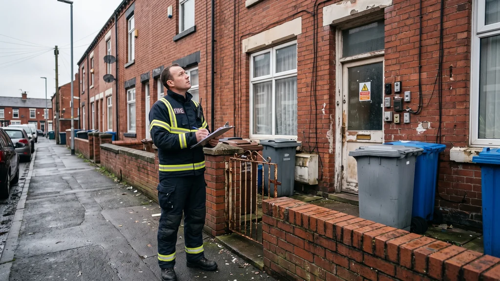 A fire and rescue service officer in uniform inspecting the exterior of a terraced HMO property in Manchester with a clipboard