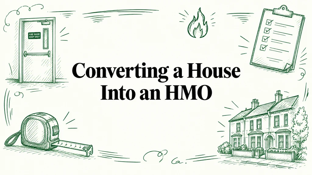 Green line-art illustration for a guide on fire safety requirements when converting a house into an HMO