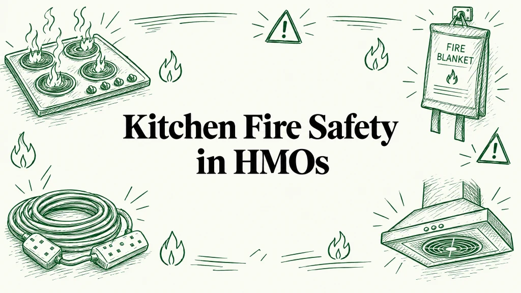 Hand-drawn green line-art illustration showing a cooker hob, fire blanket, extractor fan and coiled extension lead framing the title Kitchen Fire Safety in HMOs