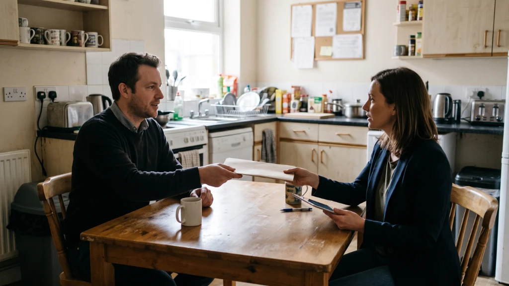 A landlord handing a folder of fire safety and compliance paperwork to a professional advisor at a kitchen table