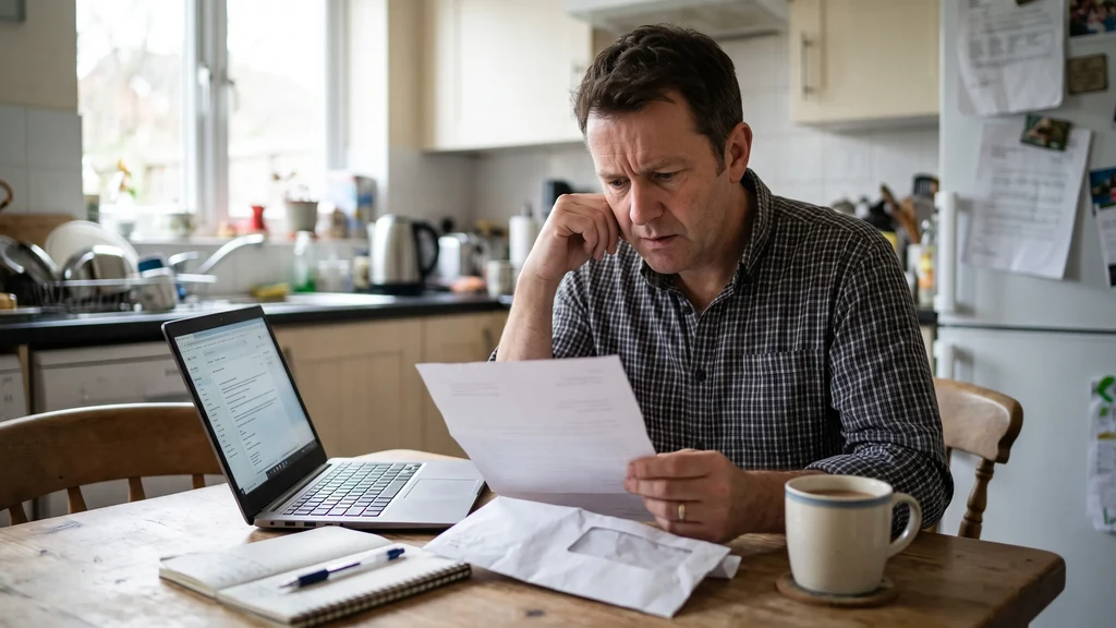 A landlord sitting at a kitchen table reading an official fire safety enforcement notice letter with a concerned expression