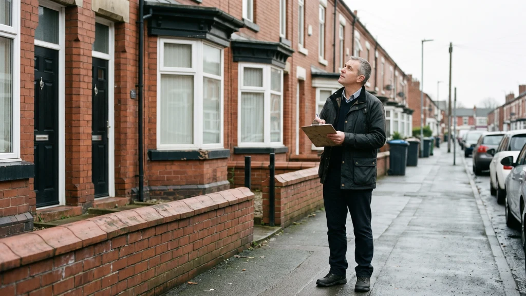 A mortgage broker or surveyor standing outside a red brick terraced HMO in Manchester making notes on a clipboard
