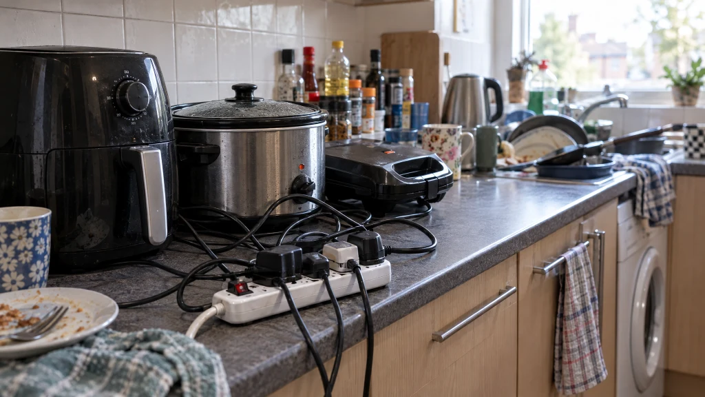 Overloaded extension lead on a shared HMO kitchen worktop