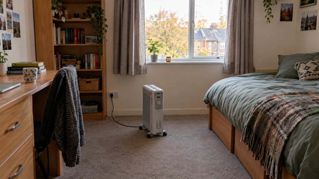 Portable electric heater positioned safely away from curtains and bedding in a UK HMO bedroom