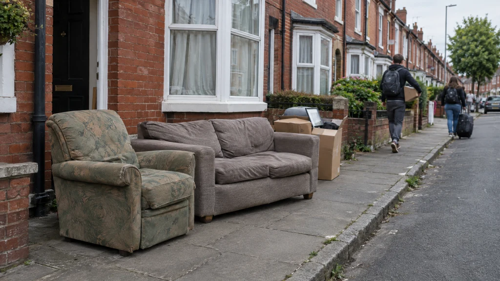 A sofa and armchair left outside a UK terraced house during student end-of-tenancy move-out