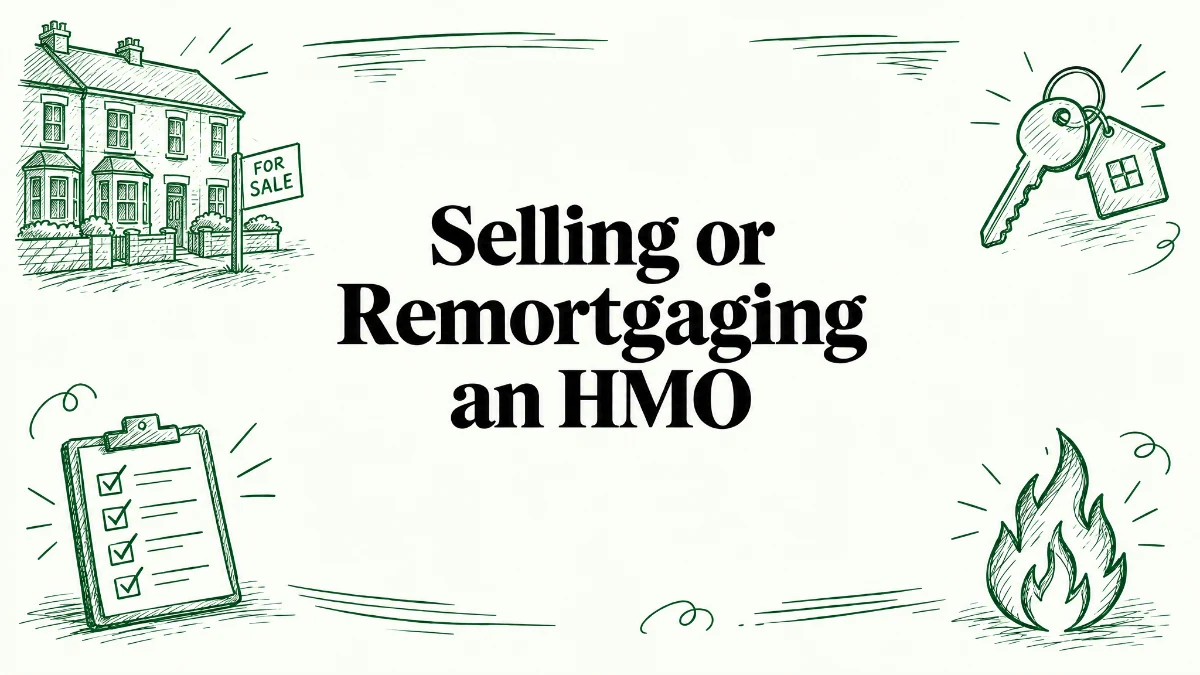 Hand-drawn green line-art illustration of a terraced house with a for sale sign, a house key, a checklist and a flame, with the headline Selling or Remortgaging an HMO