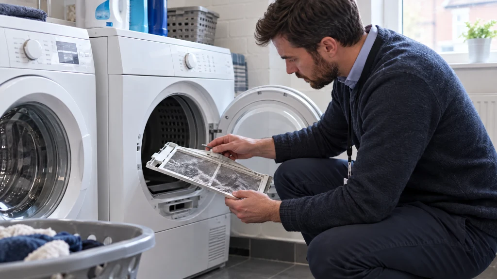 Landlord checking the lint filter of a tumble dryer in a communal HMO laundry room