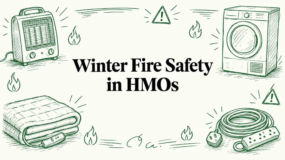 Hand-drawn green line-art illustration of a portable heater, electric blanket, tumble dryer and extension lead, titled Winter Fire Safety in HMOs
